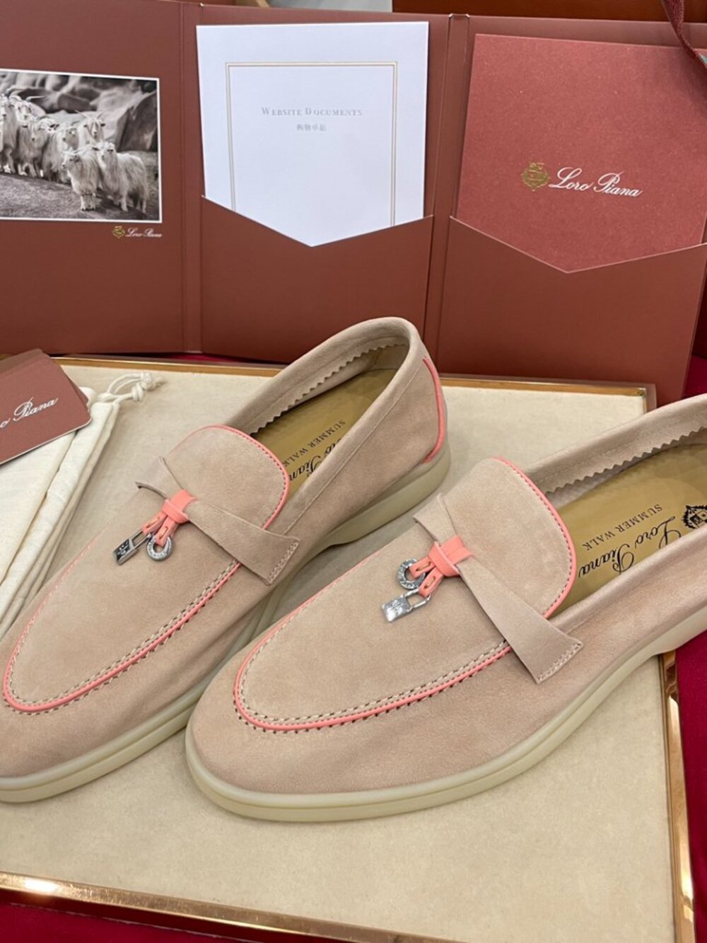 Loro Piana Suede Summer Walk Charms Loafers Beige Pink Accent Slip On Flat Shoes